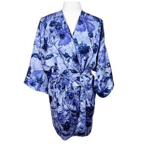 LA Intimates Robe Women Medium Blue Purple Floral Satin Belted Kimono Sleepwear